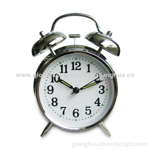 Clock with Twin Metal Bell and Four Hands, Various Colors Available